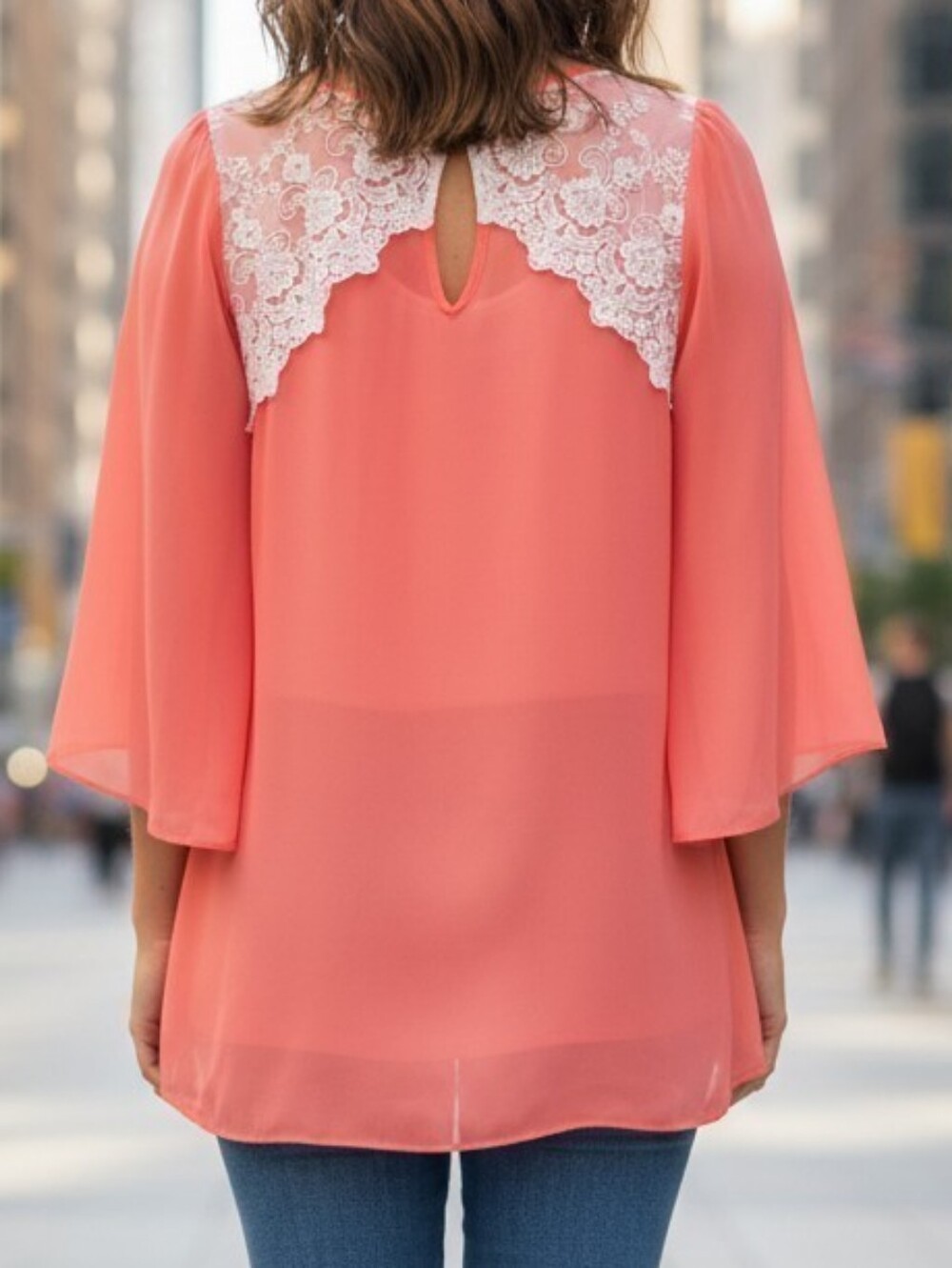 Coral Chiffon Bell Sleeve Blouse White Lace Upper Back Size 7 Whimsy Boho